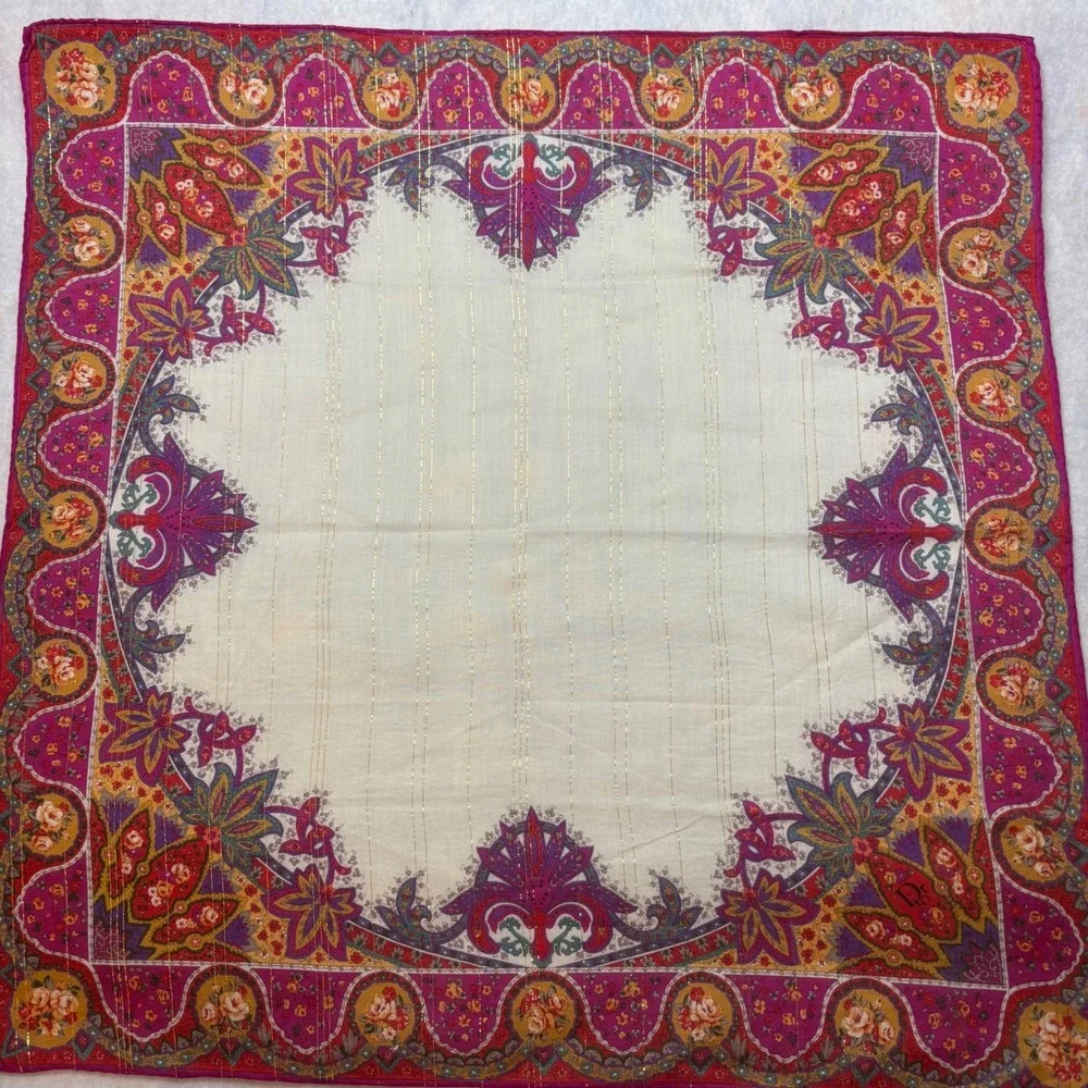 VTG DIOR Scarf Handkerchief Floral Paisley Metallic Stripe Cotton Pink Cream 20
